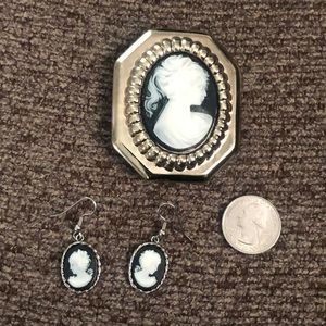 Vintage Cameo Earrings and Clip Victorian Woman